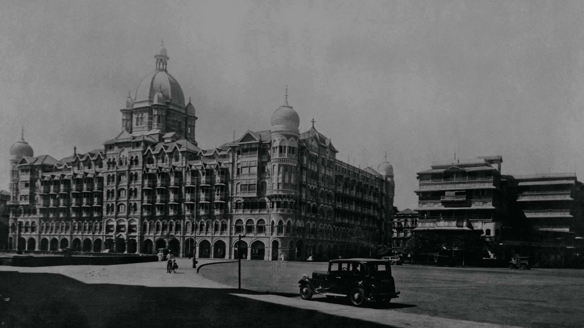 Vintage black and white view of The Taj Mahal Palace in Mumbai